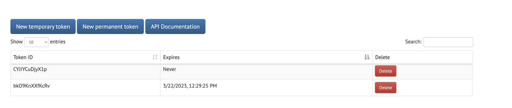 Access Tokens Page