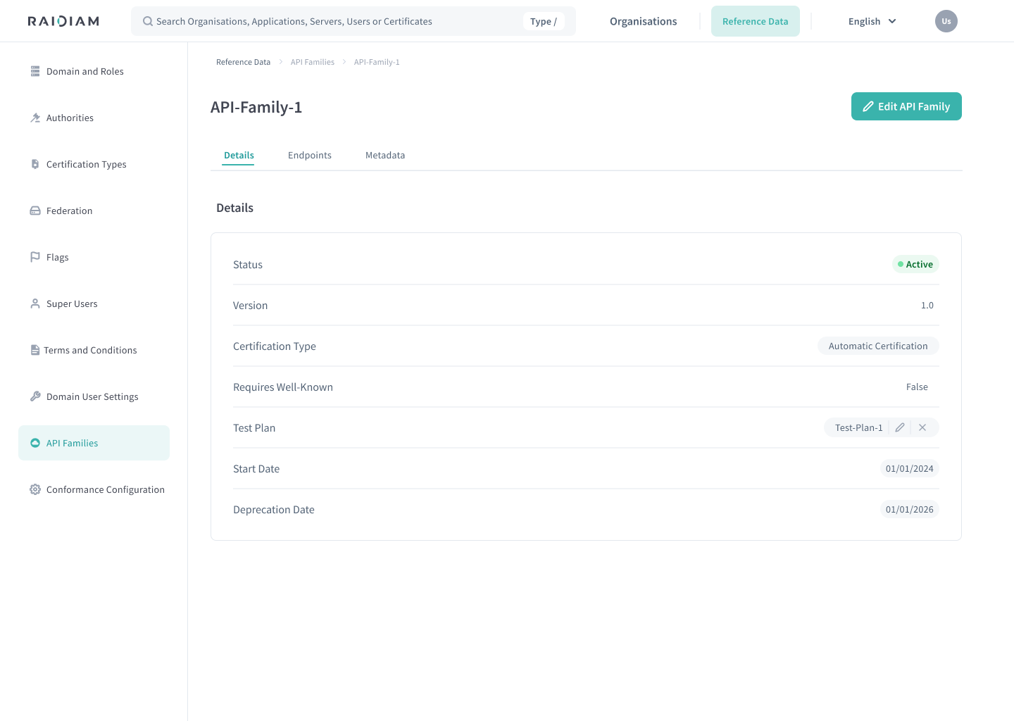 API Family details tab