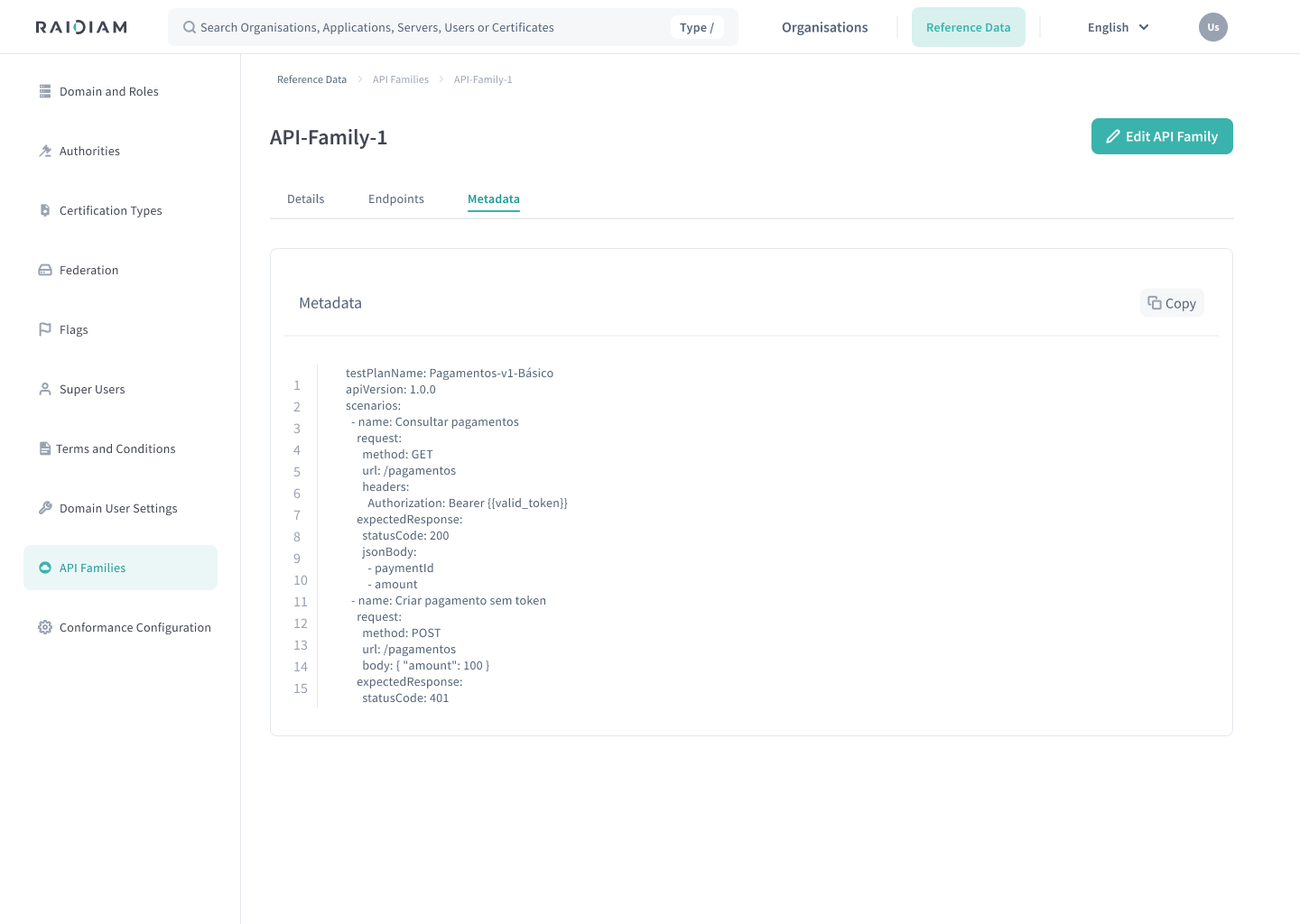 API Family metadata tab