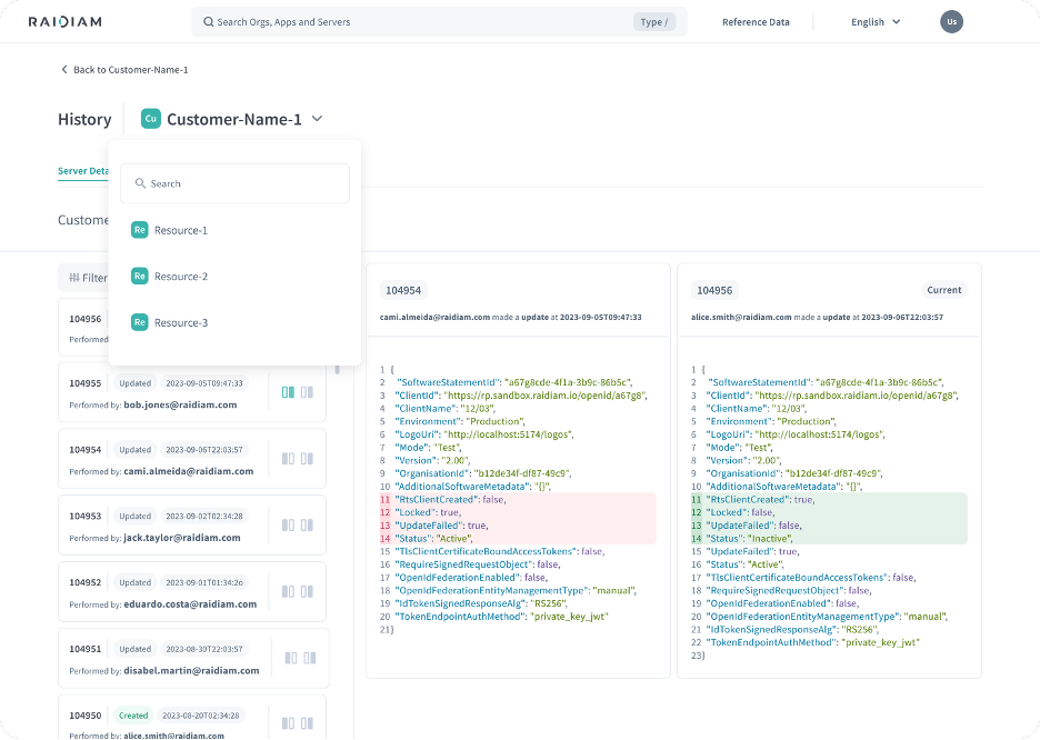 Audit history list, resource switcher, and side-by-side comparison view