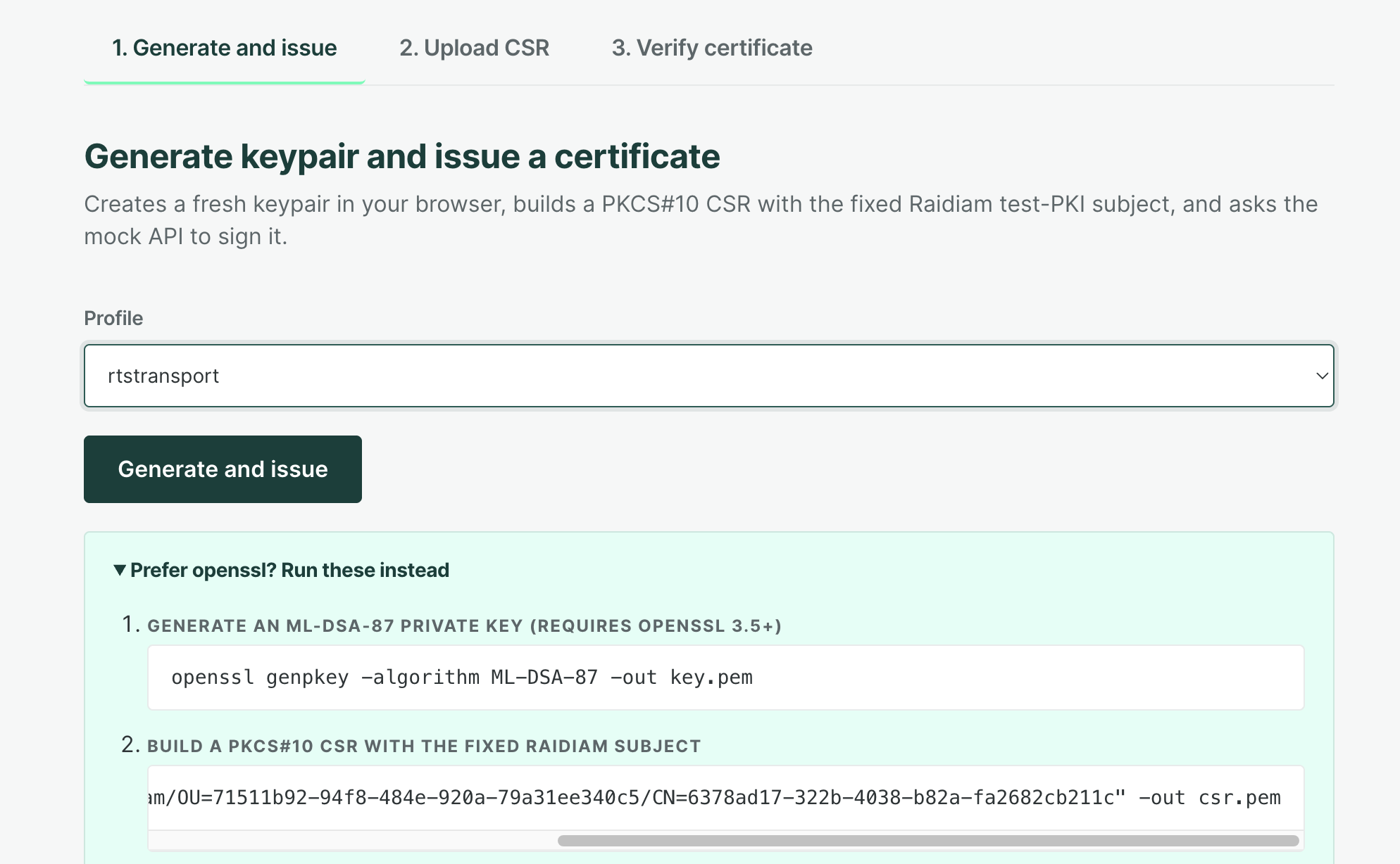 Generating a keypair and issuing an ML-DSA certificate from the Raidiam test PKI