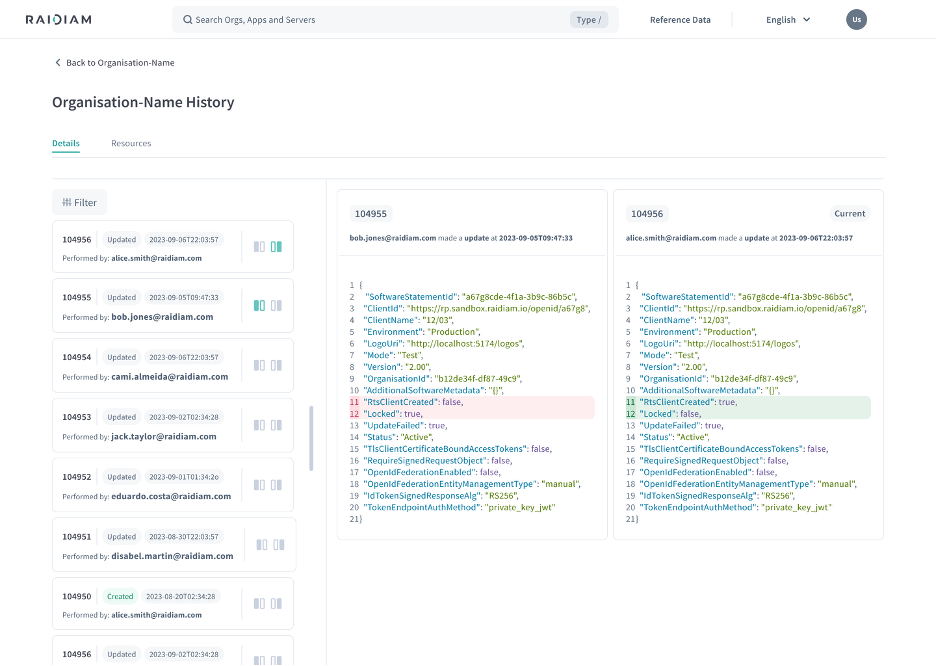Application change history and audit comparison view